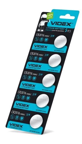 Батарейка CR2016, літієва, Videx, 5 шт, 3V, Blister