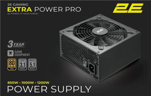Блок живлення 1000 Вт, 2E Gaming Extra Power Pro, Black, модульний, 80+ Gold, Active PFC, 140 мм, 3xMolex / 6xSATA / 1x16-pin / 4x6+2-pin / 1x20+4-pin / 2x4+4-pin, захист OVP/SCP/OPP/OTP/UVP/OCP, ATX V3.1 (2E-EP1000GMII-140)