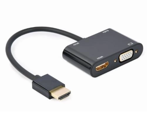 Перехідник HDMI (M) - HDMI (F) / VGA (F), Cablexpert, Black, 15 см, 3.5 мм для передачі звуку, microUSB для додаткового живлення (A-HDMIM-HDMIFVGAF-01)