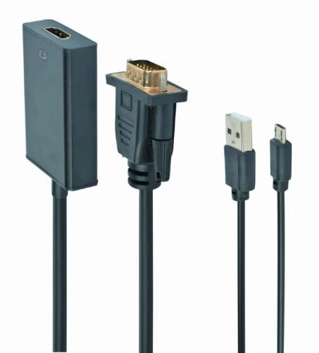 Перехідник VGA (M) - HDMI (F), Cablexpert, Black, 15 см, 3.5 мм для передачі звуку, microUSB для додаткового живлення (A-VGA-HDMI-01)