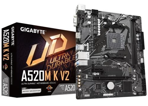 Мат.плата AM4 (A520) Gigabyte A520M K V2, A520, 2xDDR4, Int.Video(CPU), 4xSATA3, 1xM.2, 1xPCI-E 16x 3.0, 1xPCI-E 1x 3.0, ALC887, RTL8111H, 6xUSB3.2/6xUSB2.0, VGA/HDMI, MicroATX