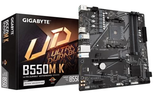Мат.плата AM4 (B550) Gigabyte B550M K, B550, 4xDDR4, Int.Video(CPU), 4xSATA3, 2xM.2, 1xPCI-E 16x 4.0, 1xPCI-E 1x 3.0, ALC887, RTL8118AS, 6xUSB3.2/6xUSB2.0, HDMI/DP, MicroATX