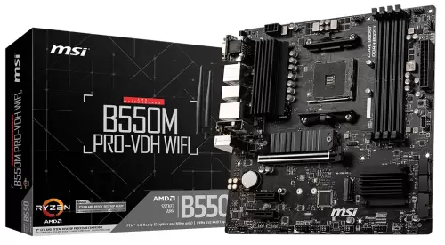 Мат.плата AM4 (B550) MSI B550M PRO-VDH WIFI, B550, 4xDDR4, Int.Video(CPU), 4xSATA3, 2xM.2, 1xPCI-E 16x 4.0, 2xPCI-E 1x 3.0, ALC892, RTL8111HN, WiFi ac, Bluetooth, 7xUSB3.2/6xUSB2.0, VGA/HDMI/DP, MicroATX