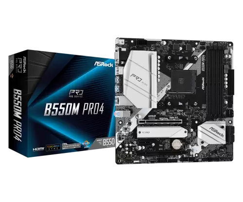 Мат.плата AM4 (B550) ASRock B550M Pro4, B550, 4xDDR4, CrossFire, Int.Video(CPU), 6xSATA3, 2xM.2, 1xPCI-E 16x 4.0, 1xPCI-E 16x 3.0, 1xPCI-E 1x 3.0, 1xM.2 (Key E), ALC1200, RTL8111H, 7xUSB3.2/6xUSB2.0, VGA/HDMI/DP, MicroATX