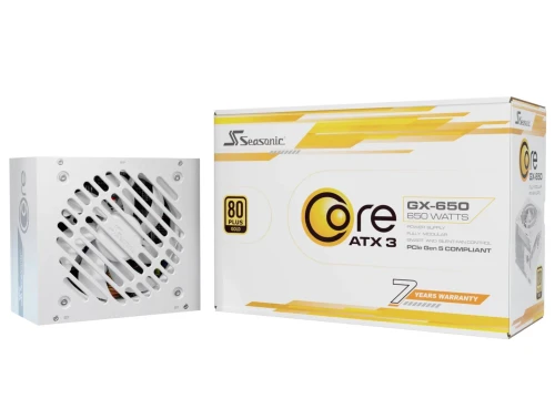 Блок живлення 650 Вт, Seasonic Core GX ATX 3.1, White, модульний, 80+ Gold, Active PFC, 12 см HDB, 3xMolex / 6xSATA / 1x16-pin / 2x6+2-pin / 2x4+4-pin / 20+4-pin, защита OCP/OPP/OTP/OVP/SCP/UVP (CORE GX-650-ATX31-WHITE)