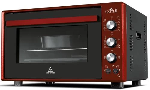 Електродуховка Castle CPE-40R, Red, 1300W, 40 л, конвекція, подвійне термостійке скло, підсвітка, схований нижній нагрівальний елемент, таймер, термостат, сховані регулятори, 2 емальовані протвеня та 1 решітка