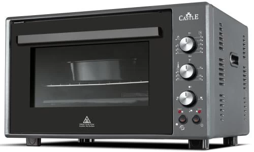 Електродуховка Castle CPE-60H Grey, 1800W, 60 л, конвекція, подвійне термостійке скло, підсвітка, схований нижній нагрівальний елемент, таймер, термостат, сховані регулятори, 2 емальовані протвеня та 1 решітка