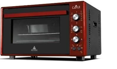Електродуховка Castle CPE-60R Red, 1800W, 60 л, конвекція, подвійне термостійке скло, підсвітка, схований нижній нагрівальний елемент, таймер, термостат, сховані регулятори, 2 емальовані протвеня та 1 решітка