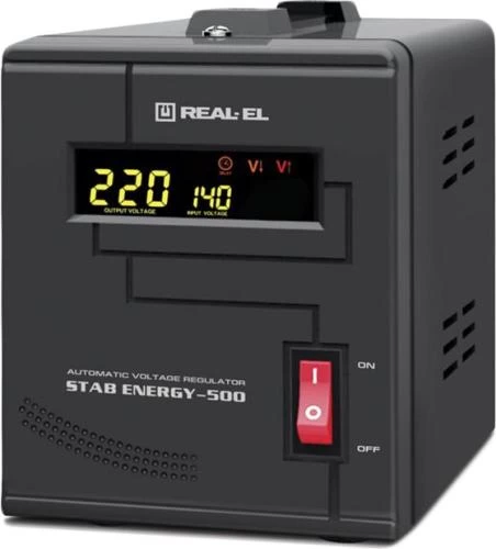 Стабілізатор REAL-EL STAB ENERGY-500 Black, 500VA, 400W, вхідна напруга 220V+/-20%, 1 розетка (Schuko), LED індикація