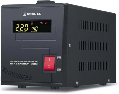 Стабілізатор REAL-EL STAB ENERGY-2000 Black, 2000VA, 1600W, вхідна напруга 220V+/-20%, 2 розетки (Schuko), LED індикація