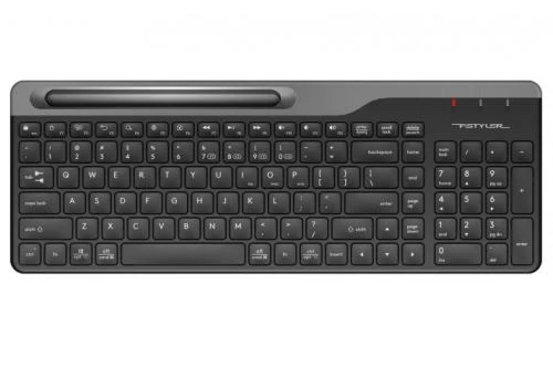 Клавіатура бездротова A4Tech FBK25 "Fstyler", Black/Grey, Bluetooth / USB 2.4GHz, ультратонка, 12 мультимедійних кнопок, підставка для смартфона (до 6.8"), до 4-х пристроїв, 1xAA, UA/RU/US