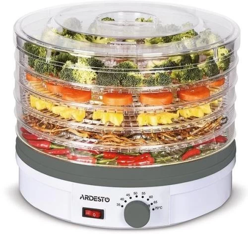 Сушарка овочів та фруктів Ardesto FDB-5320 White, 245W, керування механічне, 5 лотків, висота сушильного піддону 3см, діаметр 32см, прозора кришка, прозорі піддони
