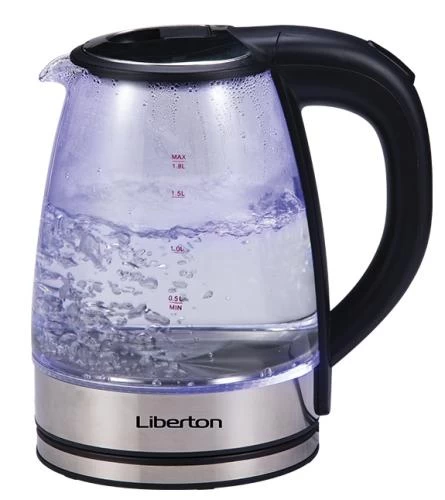 Електрочайник Liberton LEK-6809, Black, 1500W, 1.8л, скло+нерж.сталь, дисковий, індикатор рівня води, захист від перегріву, відключення за відсутності води