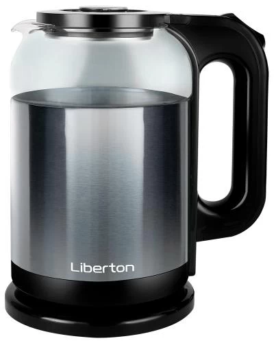 Електрочайник Liberton LEK-6829, Black/Inox, 1500W, 1.8л, дисковий, подвійна стінка (нержавіюча сталь+скло), LED-підсвічування, автовідключення, індикатор включення, відкривання кришки ручне, шкала рівня води внутрішня