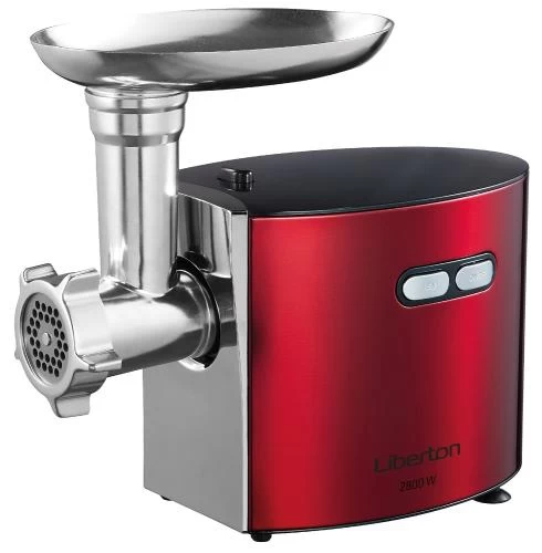 М'ясорубка Liberton LMG-28TGB03S, Red, 2800W, насадка соковитискач, бургер-пресс, продуктивність 2 кг/хв, 3 диски з отворами 3/5/7мм, барабани для терки та шатківниці, насадка для ковбасок, для кеббе