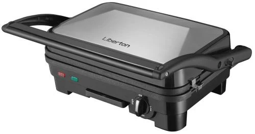 Електрогриль Liberton LPG-1401, Inox/Black, 1800W, закритий (двосторонній), індикатор готовності їжі, контроль температури, відкривання на 180град, розмір пластини 29х18.8см, рифлена+пласка, антипригарне покриття, піддон для жиру, скребок для чищення