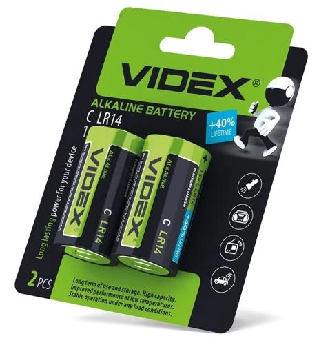 Батарейка C (LR14), лужна, Videx, 2 шт, 1.5V, Blister