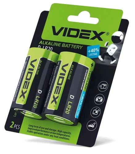 Батарейка D (LR20), лужна, Videx, 2 шт, 1.5V, Blister