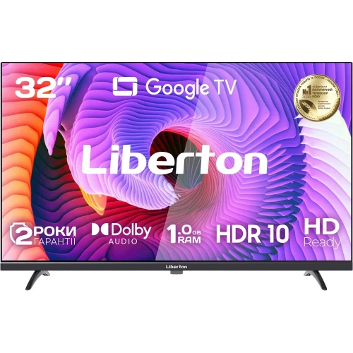 Телевізор 32" Liberton LTV-32H06GT, Black, LED, 1366x768, 60 Гц, 3000:1, Google TV, DVB-T2/T/C, LAN, Wi-Fi, 2xHDMI, 2хUSB, 12 Вт, VESA 200x200