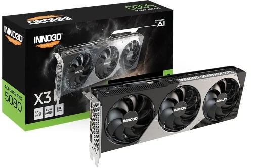 Відеокарта GeForce RTX 5080, Inno3D, X3, 16Gb GDDR7, 256-bit, HDMI/3xDP, 2617/30000 MHz, 16-pin (N50803-16D7-176068N)