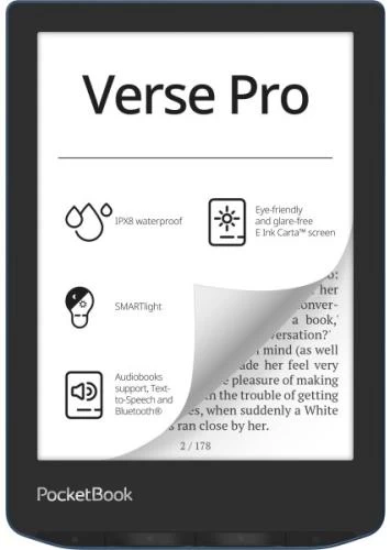 Електронна книга 6" PocketBook Verse Pro, Azure, WiFi, 1448x1072 (E Ink Carta), 512Mb / 16Gb, сенсорний екран, 16 градацій сірого, 300 DPI, підсвічування екрану SMARTlight, 1500 mAh, Type-C, IPx8 (PB634-A-CIS)