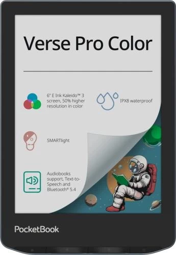 Електронна книга 6" PocketBook Verse Pro Color, Stormy Sea, WiFi, 1448x1072 (E Ink Carta), 512Mb / 16Gb, сенсорний екран, 16 градацій сірого, 300 DPI, підсвічування екрану SMARTlight, 2100 mAh, Type-C, IPx8 (PB634K3-1-CIS)