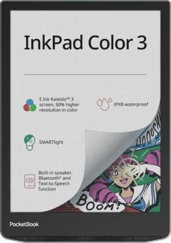 Електронна книга 7.8" PocketBook 743K "InkPad 3 Color", Stormy Sea, WiFi / Bluetooth, 1872x1404 (E Ink Kaleido Plus), 1Gb/32Gb, сенсорний екран, 300 DPI, сенсорна панель, підсвічування екрану SMARTlight, 2900 mAh, USB Type-C (PB743K3-1-CIS)