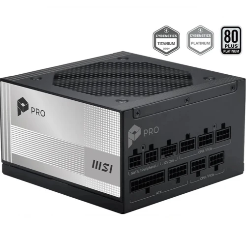 Блок живлення 1000 Вт, MSI PRO A1000PL PCIE5, Black, модульний, 80+ Platinum, Active PFC, 12 см, 2xMolex / 6xSATA / 1x16-pin (600 Вт) / 3x6+2-pin / 2x4+4-pin / 1x20+4-pin, захист OCP/OTP/OPP/SCP/OVP/UVP/SIP/NLO, ATX 3.1