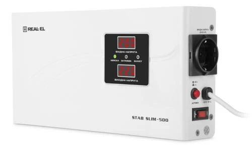 Стабілізатор REAL-EL STAB SLIM-1000 White, 1000VA, 800W, вхідна напруга 220V+/-20%, 1 розетка (Schuko), LED індикація