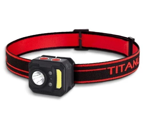 Ліхтар налобний Titanum H05, Black/Red, 250 Лм, до 110 м, світлодіод XPE + COB, вбудований акумулятор Li-pol 850 mAh, Type-C, IP44 (TLF-H05)