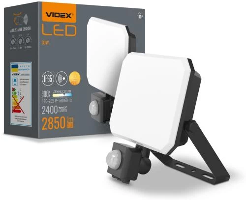 Прожектор LED, Videx F3, Black, 30 Вт, 2850 Лм, 5000K, 180-265V, IP65 / IK07, з датчиком руху (VLE-F3-0305B-S)